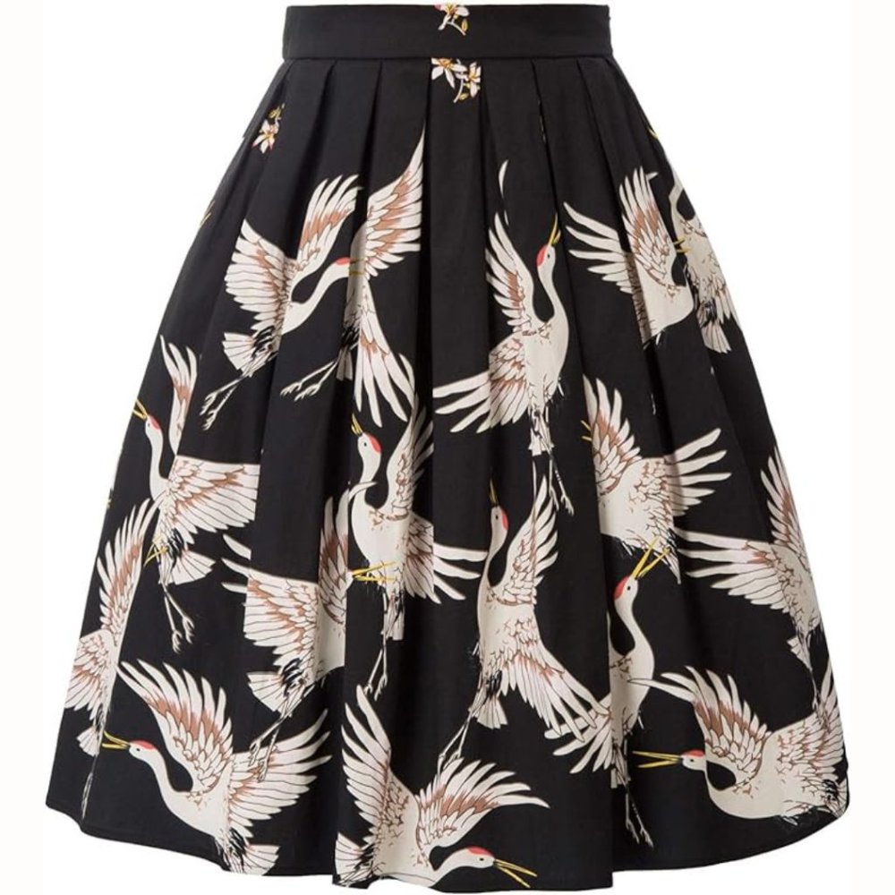 Grace Karin Cranes Skirt, A-Line Retro Midi Skirt, NWT, sz L